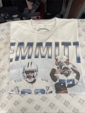 White Emmitt T-Shirt with Blue Graphic